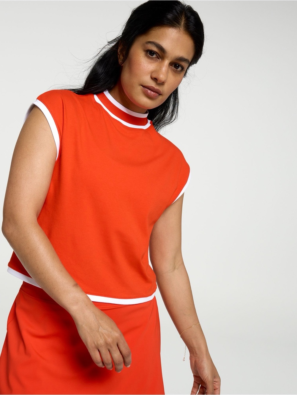 Calia | Sleeveless Orange Contrast-Trim Workout Mock-Neck Top